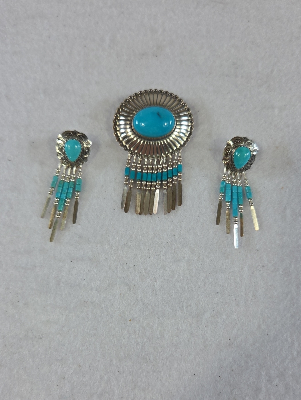QT Quoc Turquoise Company .925 Sterling Silver Fringe Brooch and Earrings Set